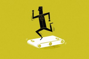 Illustration of a business person running on a treadmill. (Ben Sanders/Ikon Images)