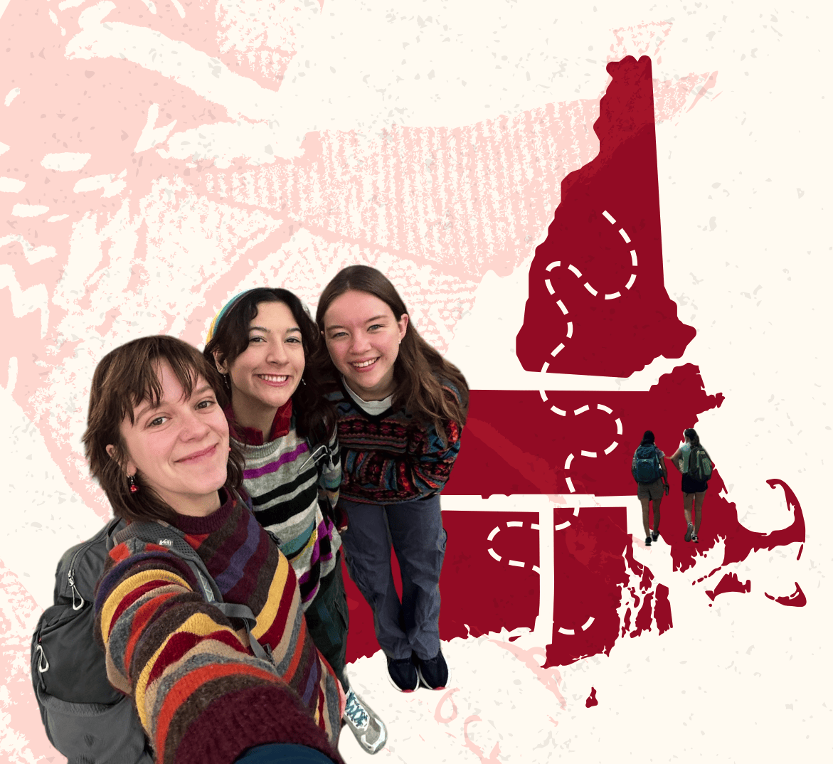 Photo illustration of Eden Fisher, Amelia Heymach, and Addie Kelsey and a map of New England.