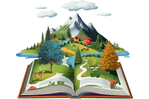 Illustration of book opening up to beautiful landscape.