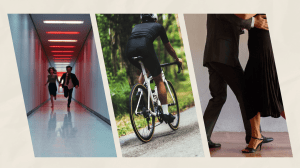 Illustration of "Severance" scene, cyclist, and tango dancers.