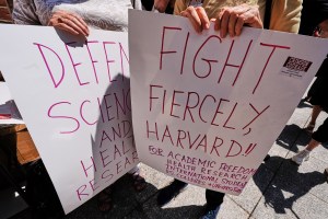 Protesters gather outside the Moakley Federal Courthouse.