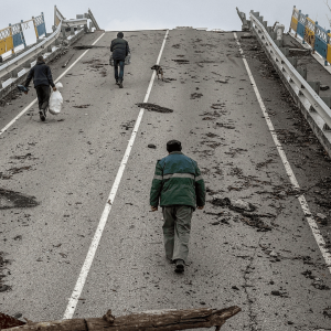 people walking over a bridge