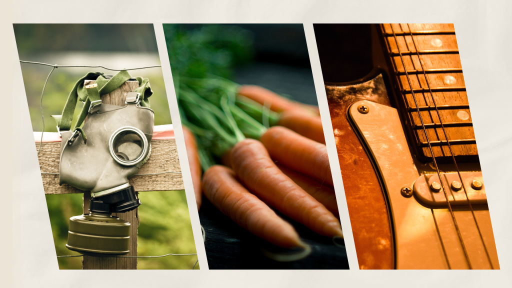 gas mask, carrots, guitar