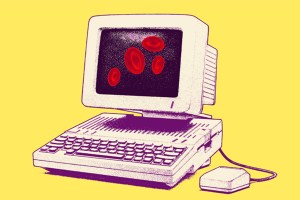a drawing of a computer with red blood cells displayed on the screen.