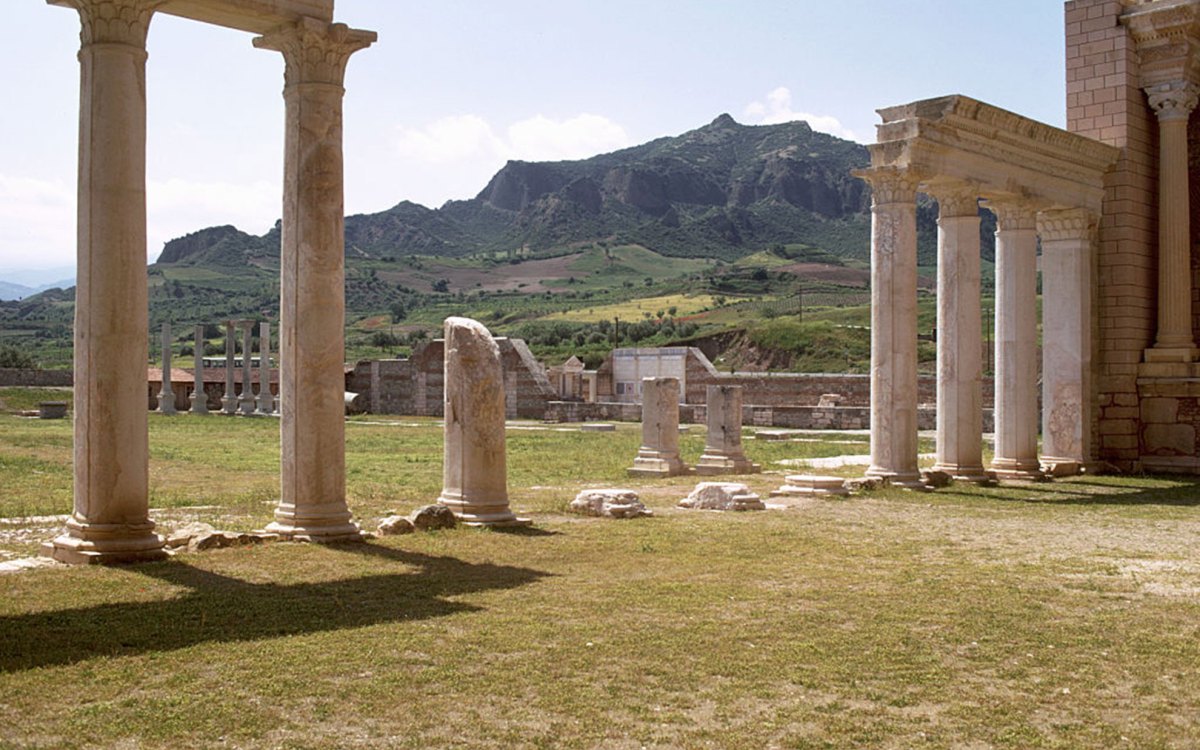 Columns in front of the restored gymnasium in the Roman civic center at Sardis.