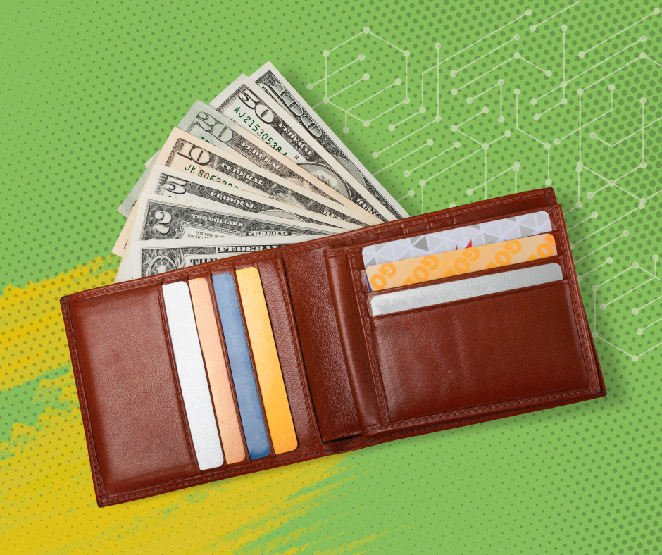 Illustration of wallet and computer networks.