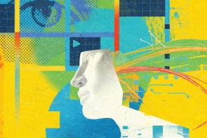 Illustration of humans, androids, and data connections. (By Stuart Kinlough / Ikon Images)