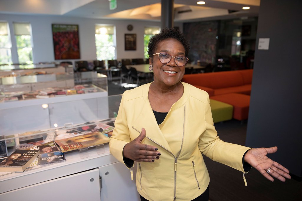 Inside the Hiphop Archive and Research Institute, Marcyliena Morgan shows the collections.