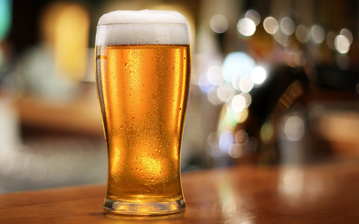 Glass of chilled beer on wooden bar table.