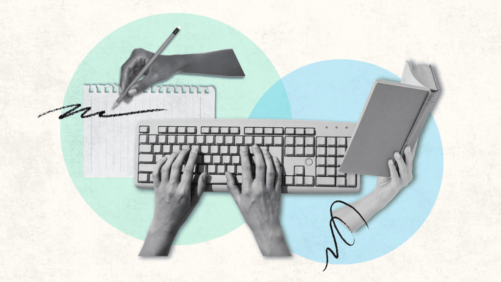 hands that are writing, typing, and holding a book