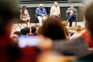 Reverend Matthew Ichihashi Potts (from right), Rabbi Getzel Davis, Imam Khalil Abdur-Rashid, Rabbi Getzel Davis, and Alta Mauro.