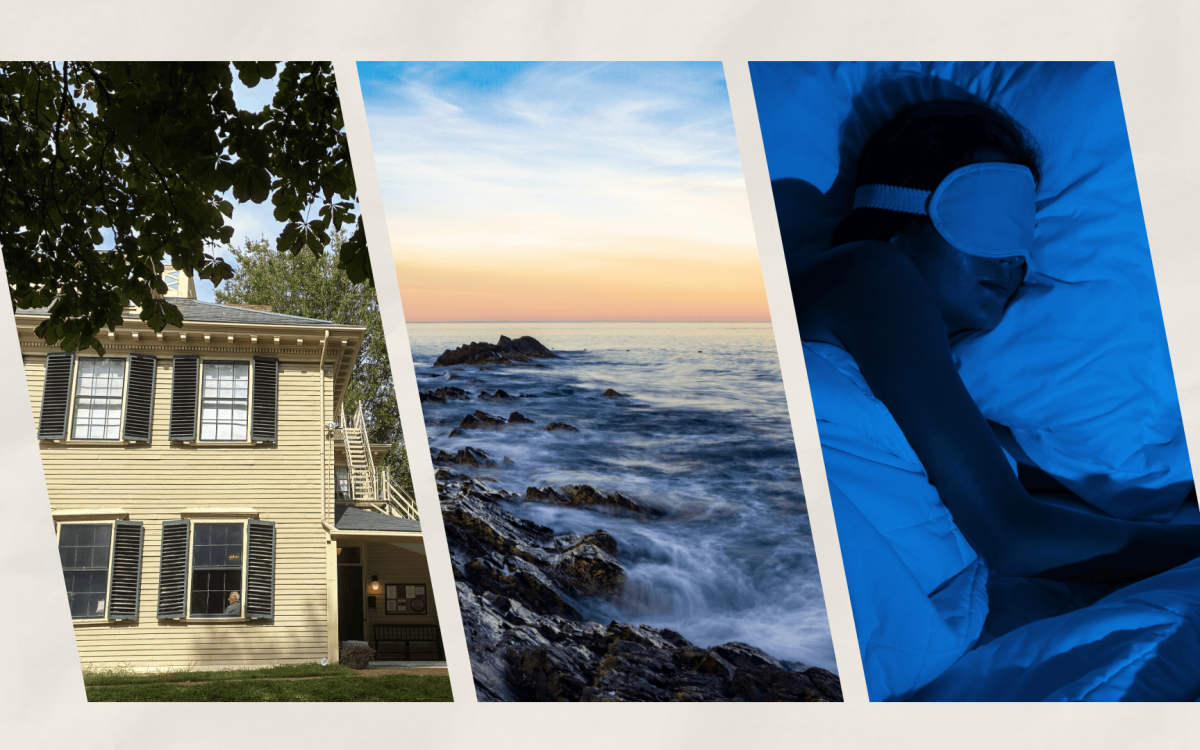 Collage of historic building, ocean, person sleeping.