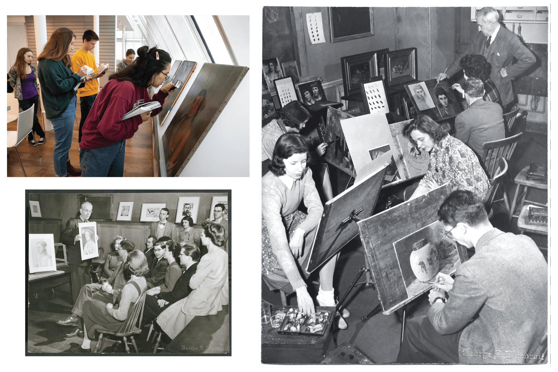 Collage of students taking art history courses at Harvard from 2019 and 1944.