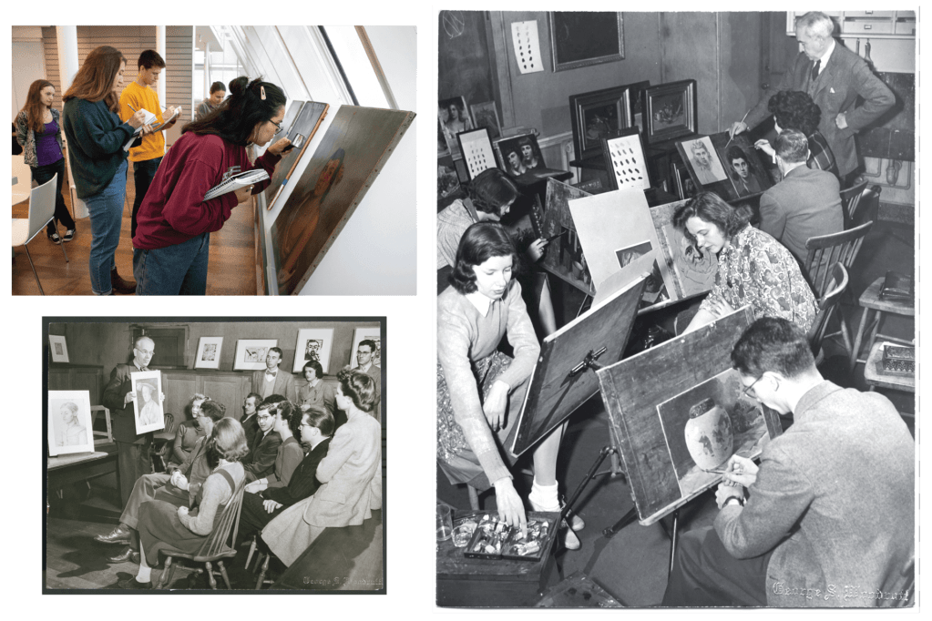 Collage of students taking art history courses at Harvard from 2019 and 1944.