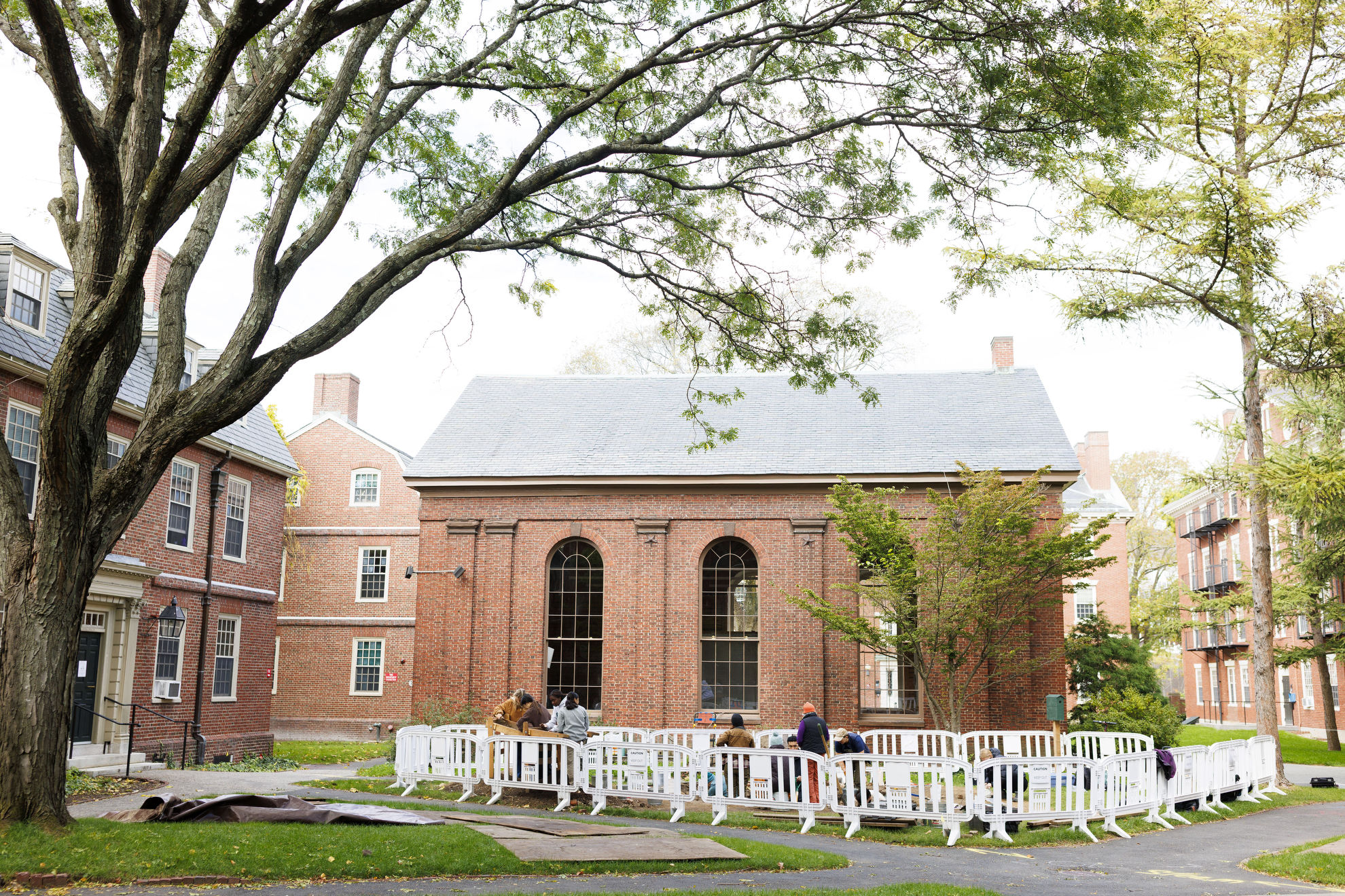 Harvard Yard Archaeology Project members work at their dig site near Holden Chapel and Lionel Hall.