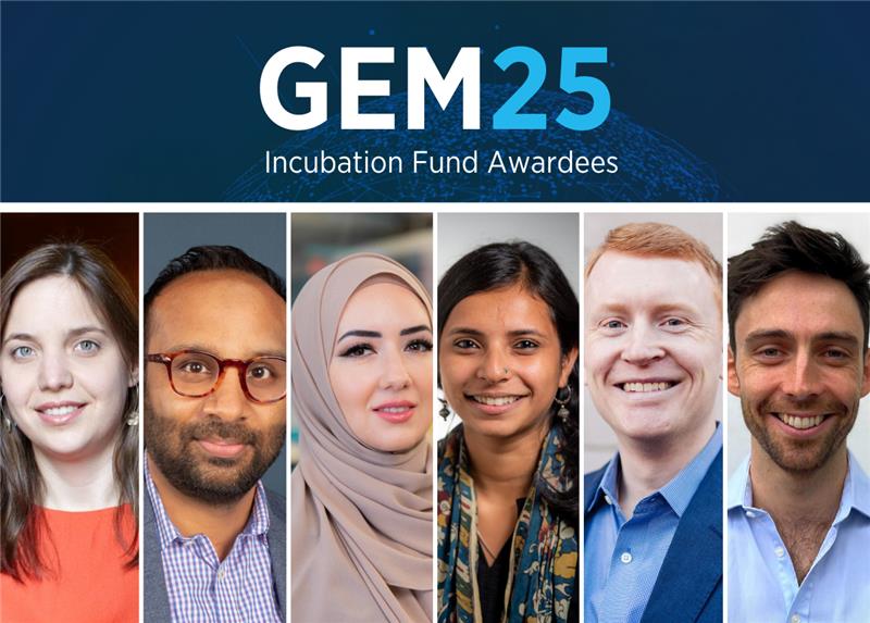 The 2025 GEM Incubation Fund award winners. Emily Breza, Harvard University (from left), Sharad Goel, Harvard Kennedy School, Emilia Gracia, Arizona State University, Aarushi Kalra, University of Oxford, Nicholas Ryan, Yale University, and Duncan Webb, Nova School of Business and Economics.