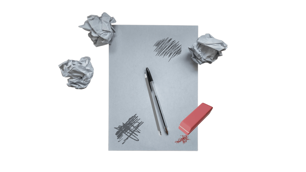 pieces of paper with eraser and pencil and pen