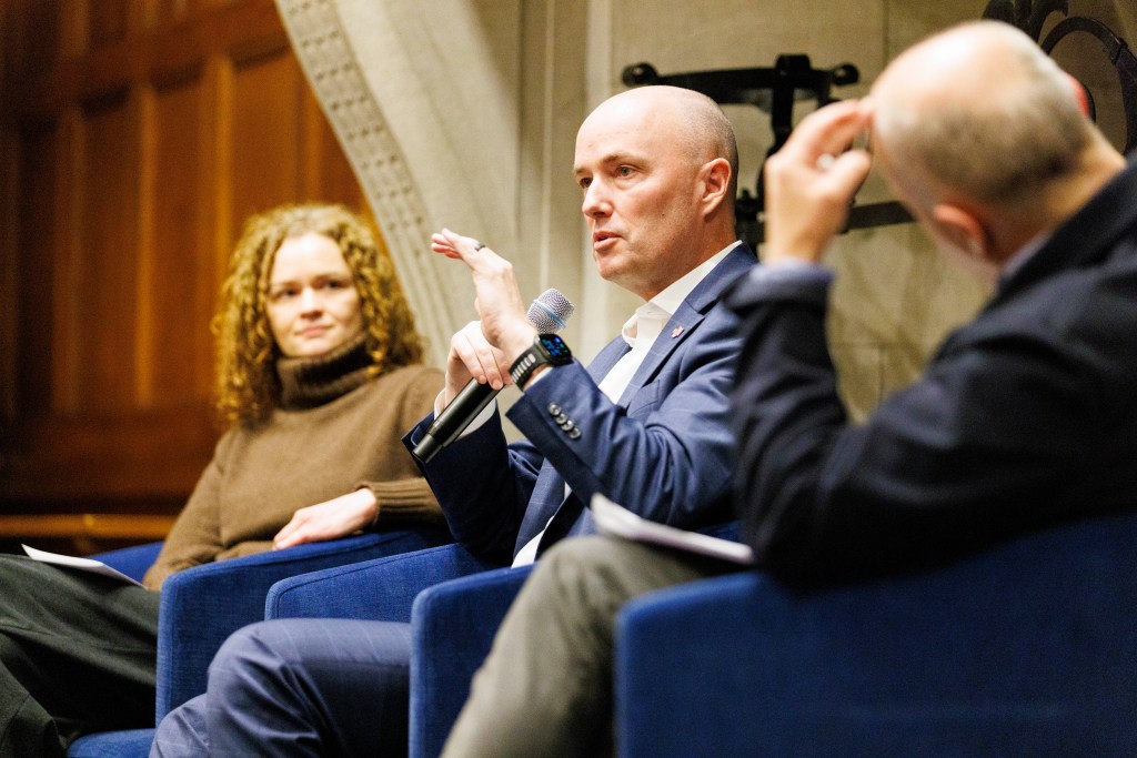 Utah Gov. Spencer Cox during a panel discussion with Michelle Sanchez and James Wood.