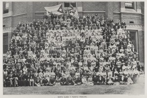 Teachers, men and women ages 16 to 60, traveled to Massachusetts via U.S. Army warship and mugged for a group photo before Memorial Hall.