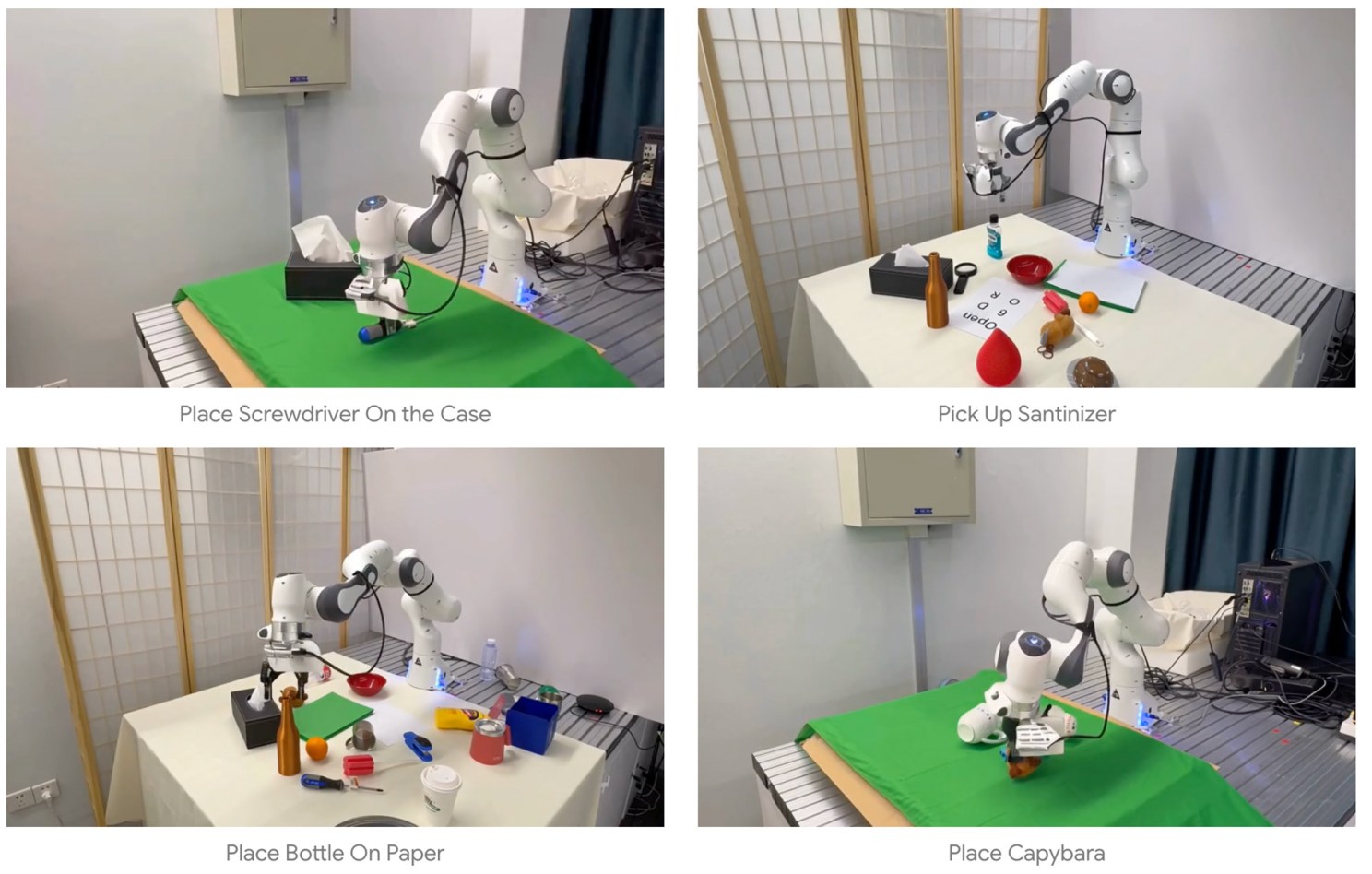 Video stills show a robot gripper generalizing its knowledge to perform specific actions in response to prompts, such as picking up a screwdriver and placing it on a case, or picking up a bottle of hand sanitizer.