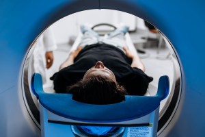 Patient inside MRI machine.