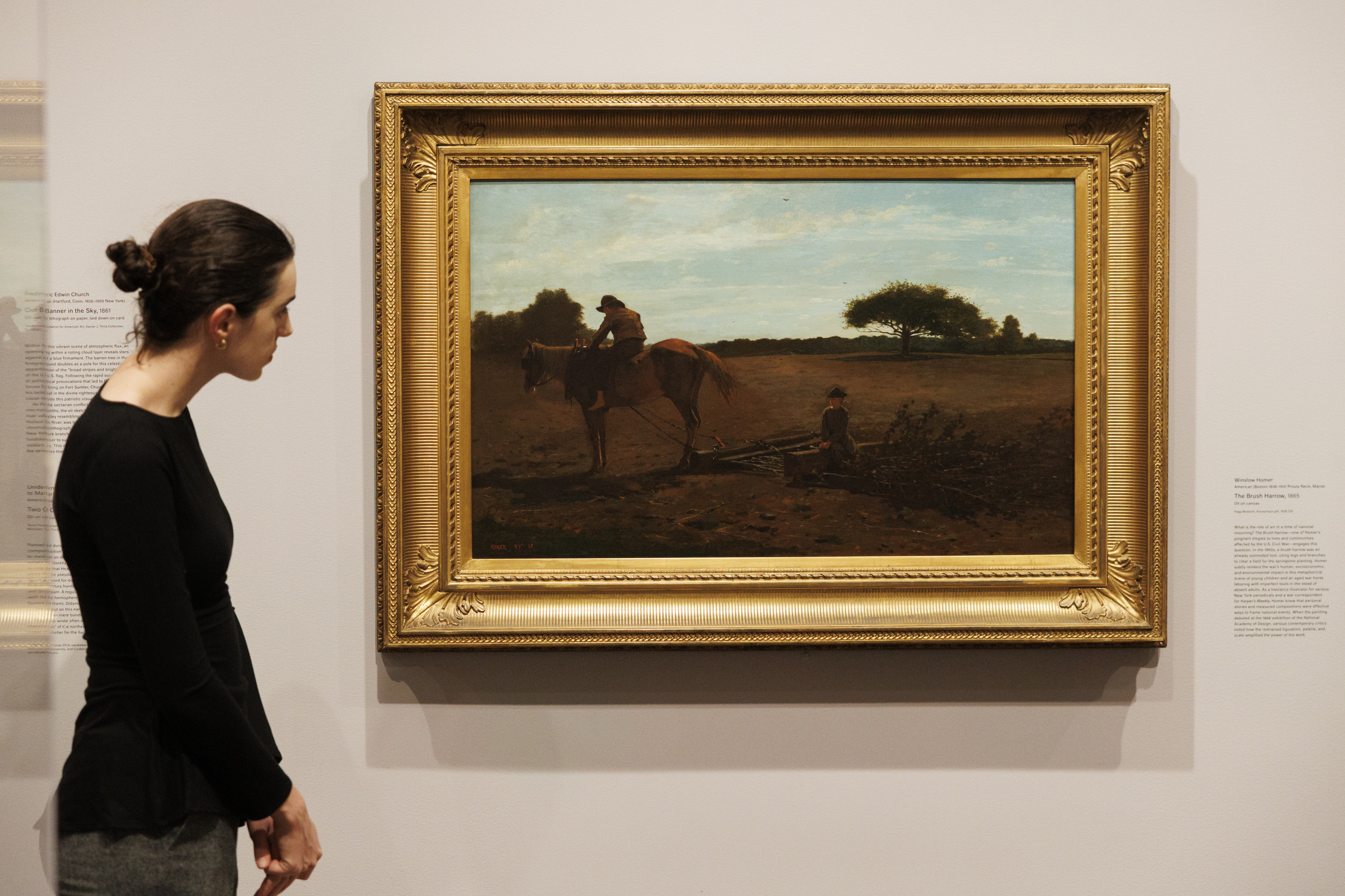 An attendee looking at Winslow Homer’s “The Brush Harrow,” 186