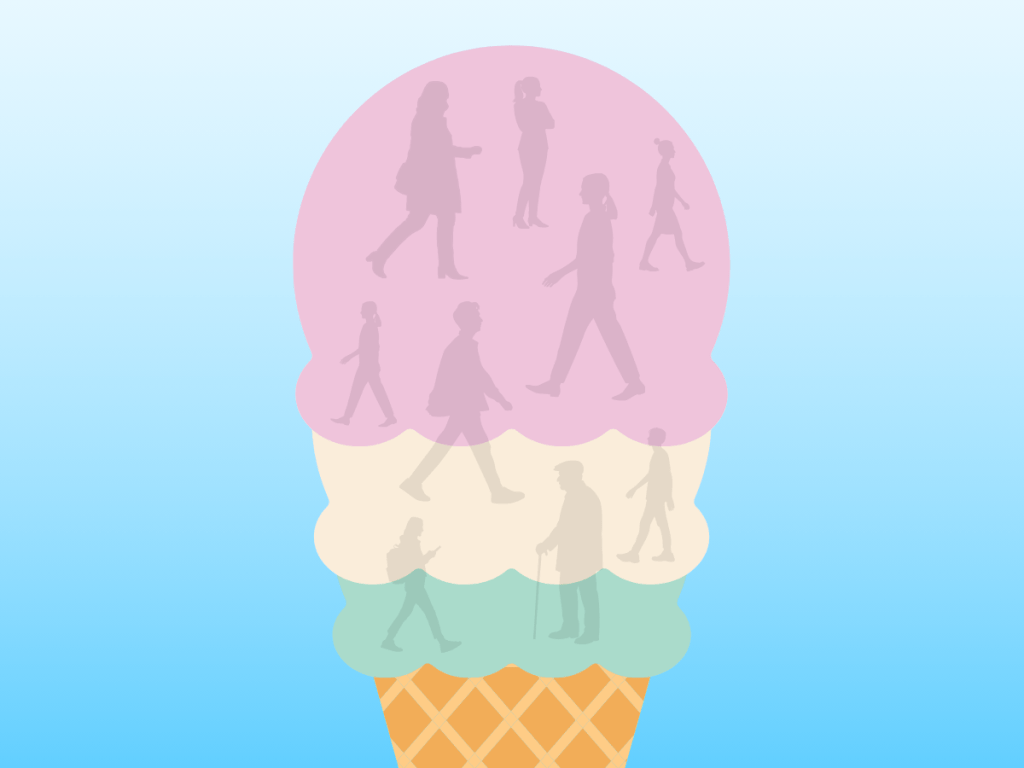 Illustration of an ice cream cone with figures of all ages seen in the scoops.