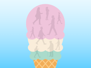 Illustration of an ice cream cone with figures of all ages seen in the scoops.