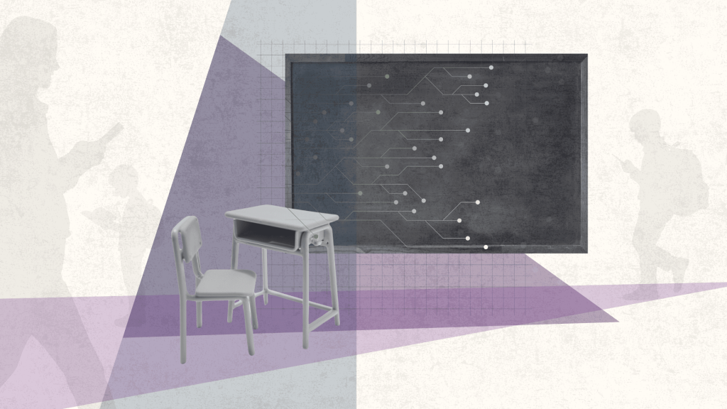 Illustration of a boy reading with class in background.