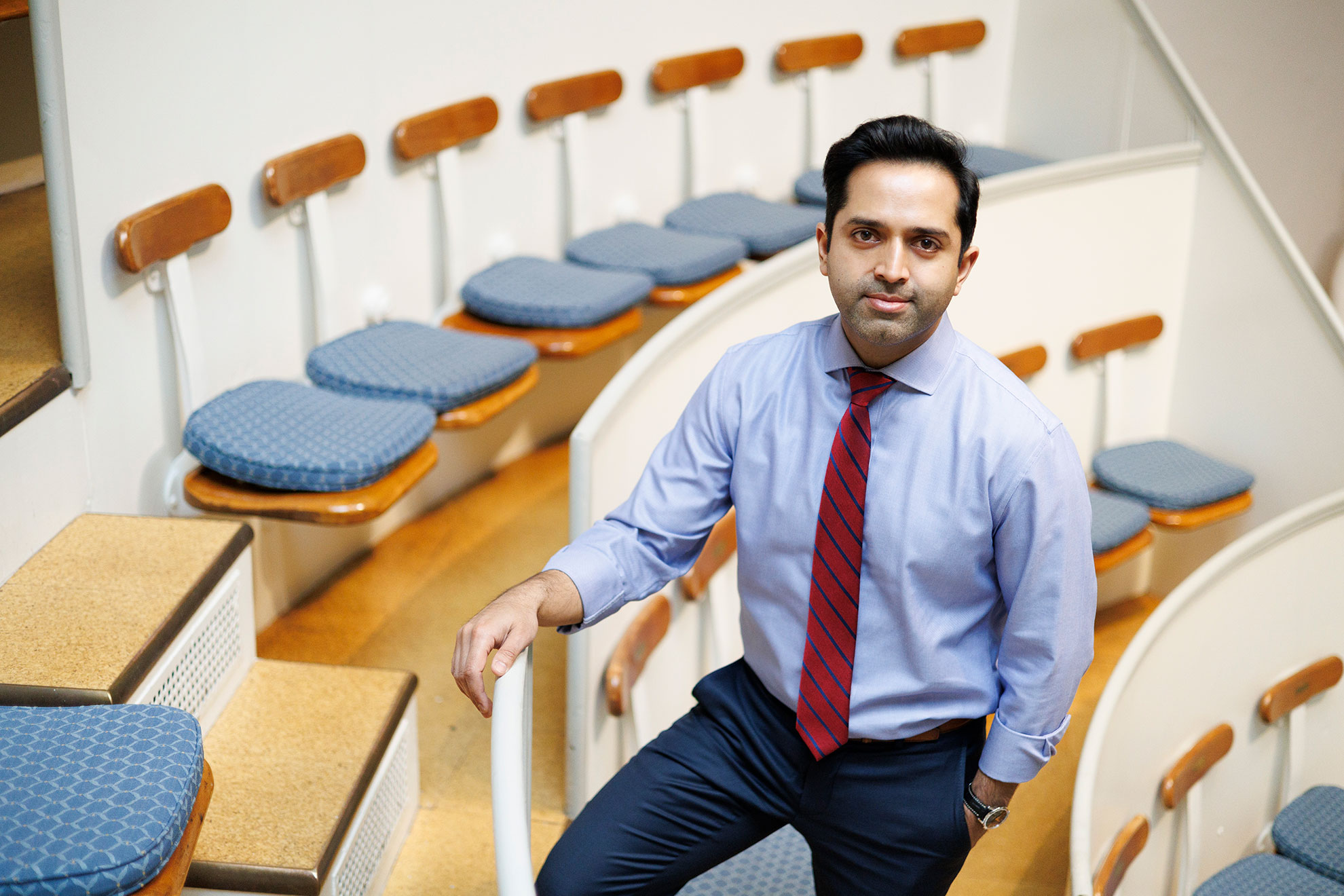 Romit Bhattacharya is pictured in the Ether Dome at Massachusetts General Hospital.