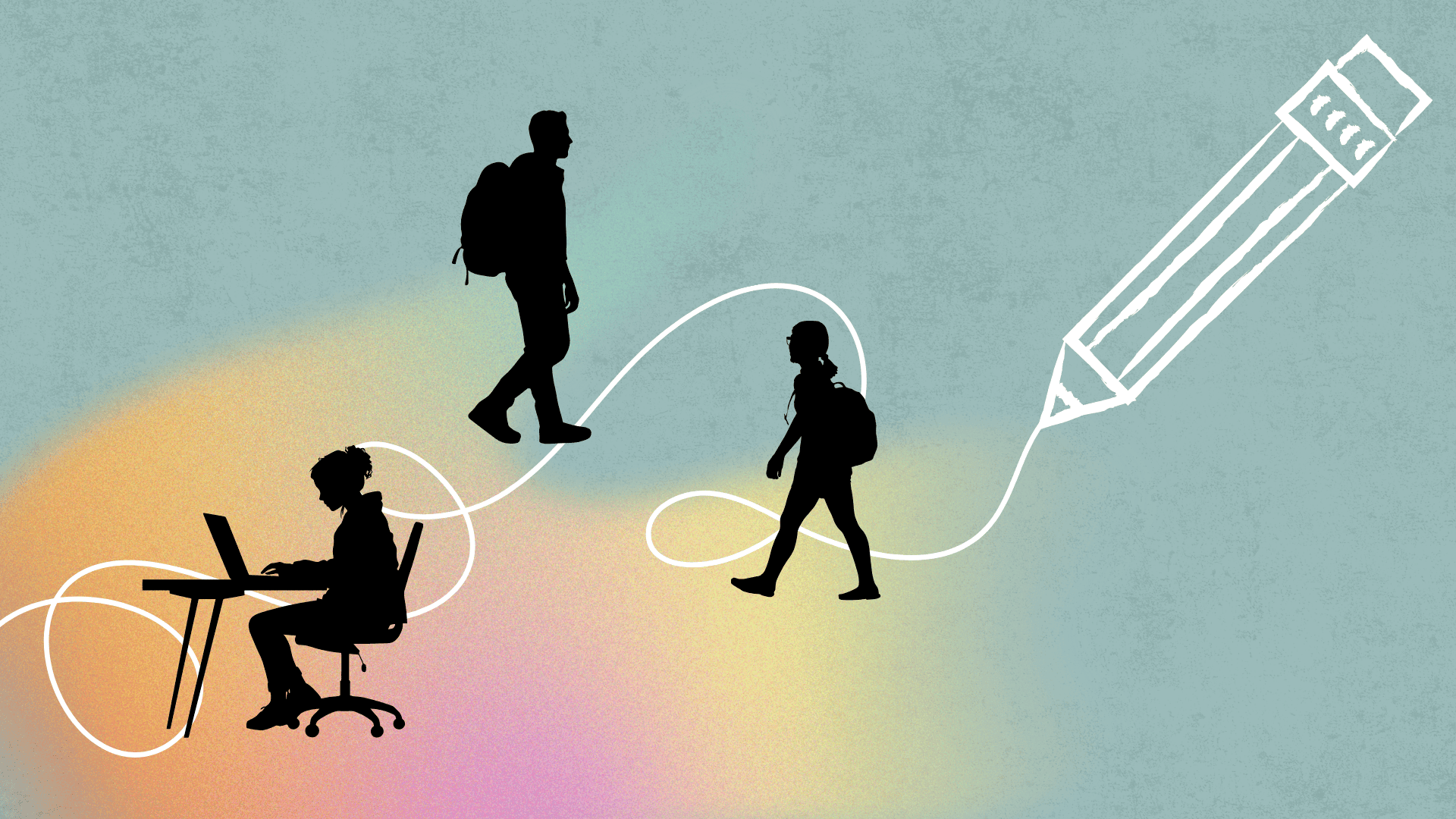 Students walking on a line drawn by a pencil.